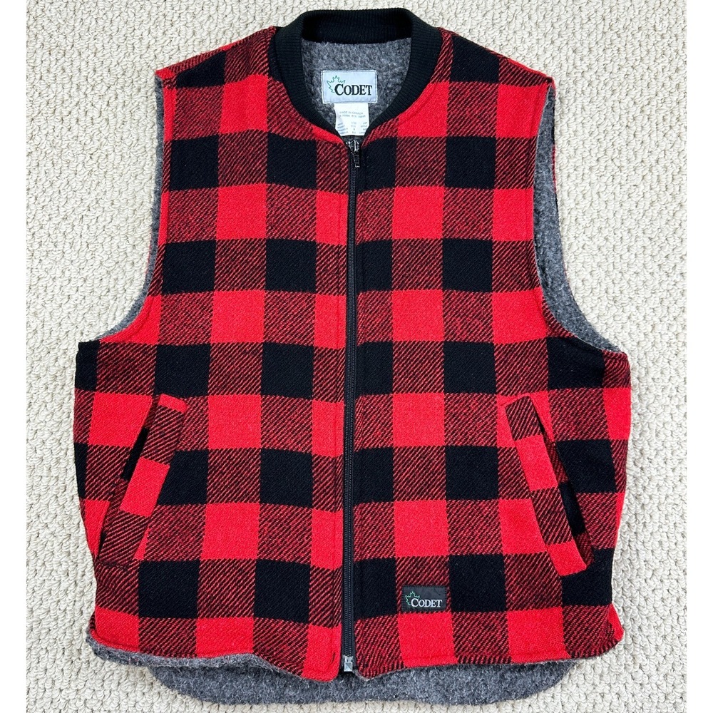Codet Wool Vest Mens M Reg Red Black Buffalo Plaid Sherpa Lined Full Zip Outdoor